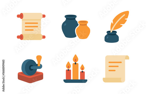 vector colorful flat filled icons ink maker (historic): scrolls ceramic pots quills stone grinder candles parchment.
