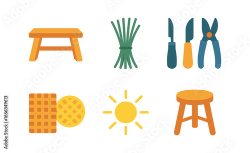 vector colorful flat filled icons wicker weaver (workshop): wooden bench pile of reeds hand tools woven samples natural light stool.