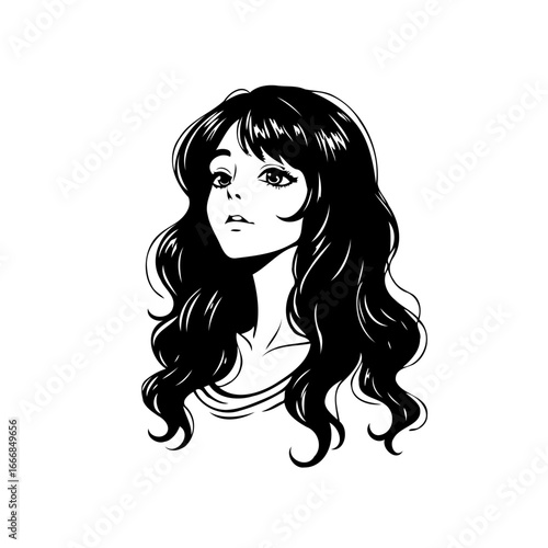 Elegant monochromatic portrait of a woman with flowing hair and contemplative gaze in illustrated