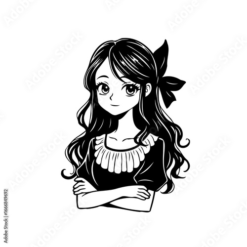 Elegant monochrome depiction of a stylish young woman embodying manga characteristics emphasizing
