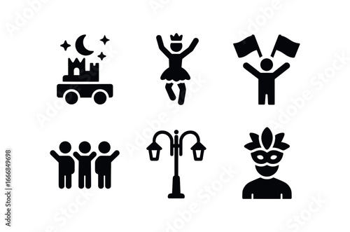 vector solid black filled icons seasonal night fair (parade): floats performers flags cheering crowd streetlights costumes.