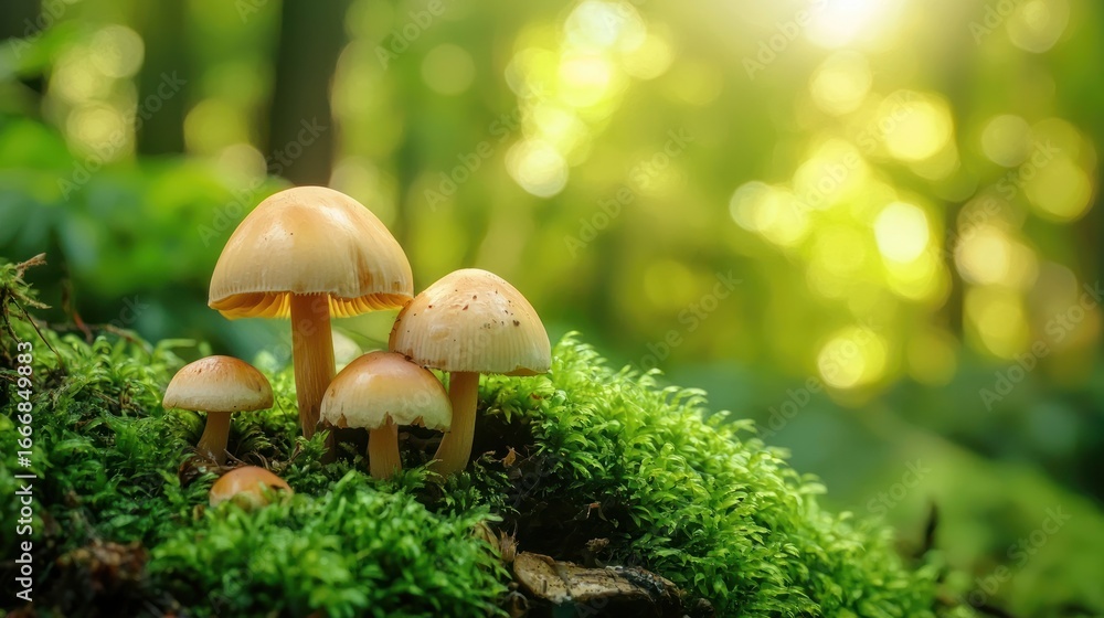 Fototapeta premium Three mushrooms growing on a mossy log in a forest, with a sunlit background and a soft focus effect.