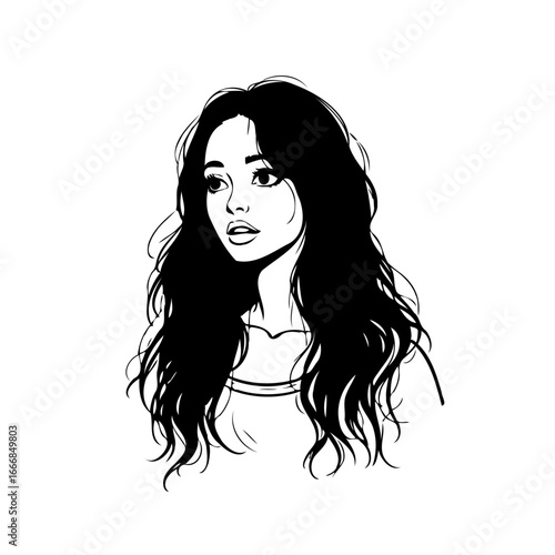 Elegant monochrome drawing depicting a young woman with flowing hair offering artistic