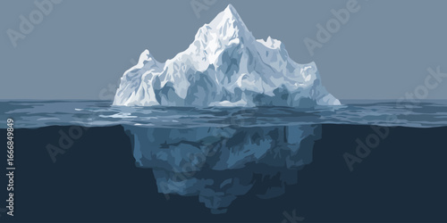 Stylized illustration of a majestic iceberg with its massive underwater portion revealed, rendered in cool blue and white tones.
