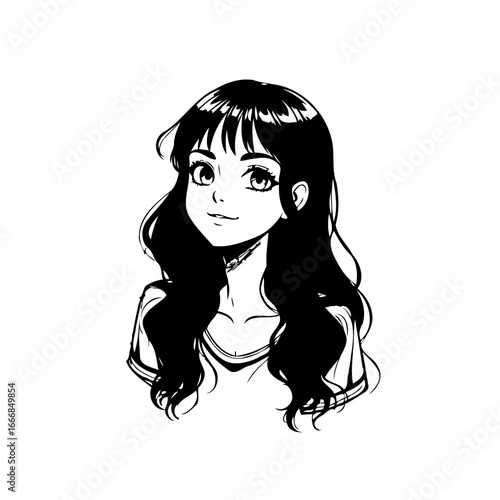 Elegant monochrome illustration of a charming young woman with flowing dark hair, exuding