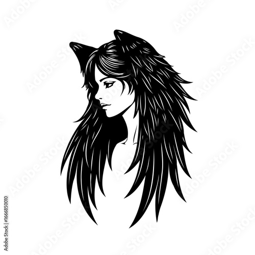 Elegant monochrome portrait featuring a feline-inspired woman with stylized flowing tresses and
