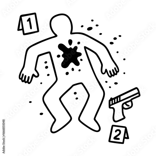 Crime scene with chalk body outline, gunshot wound marked on chest, numbered forensic evidence signs and handgun on the ground
