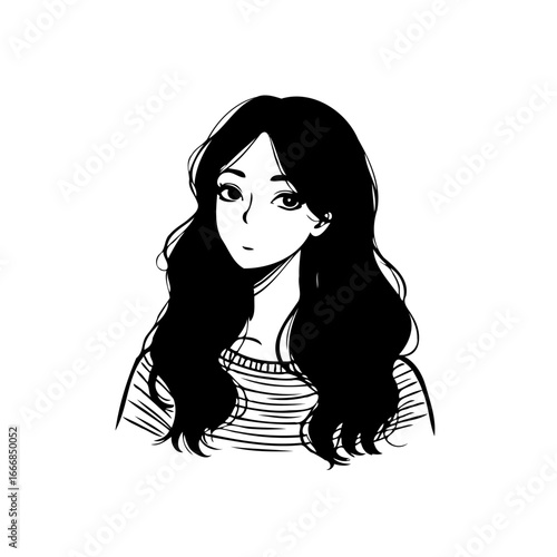 Elegant monochrome portrait of a woman showcasing delicate features and flowing hair with simple