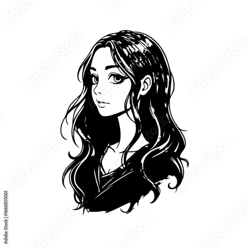 Elegant monochrome portrait of a woman in a stylized illustrative rendition displaying intricate