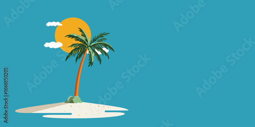A lone palm tree on a tiny sandy island under a bright yellow sun, a flat vector illustration.