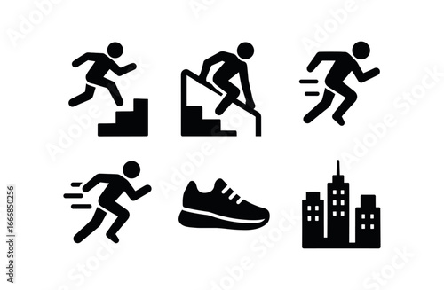 vector solid black filled icons urban freerunning (stairs): leap over steps handrail grab fast descent blurred motion sneakers urban backdrop.
