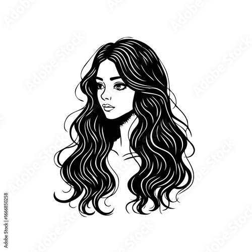 Elegant monochrome woman portrait with flowing curls and graceful features a refined artistic