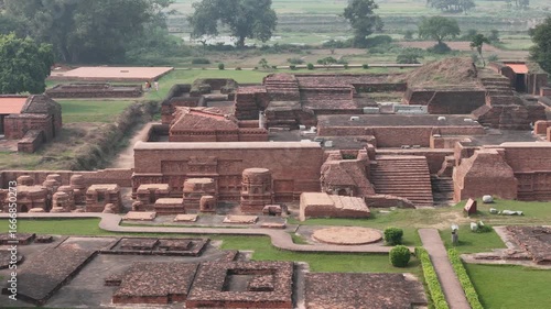 Aerial drone shot of the ancient ruins of Nalanda University in Bihar, India, UNESCO World Heritage Site and historic center of learning