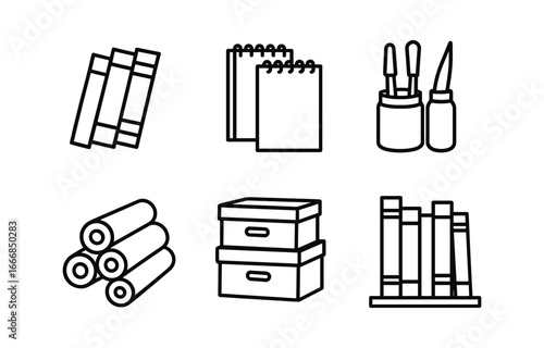 vector outline icons bookbinder (studio shelf): bound books sketchpads tool jars fabric bolts storage boxes reference books.