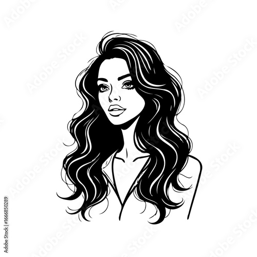 Elegant portrait illustration of a woman with flowing hair and classic features isolated against a