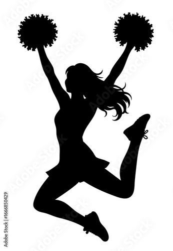 Cheerleader silhouette performing herky jump with one leg bent backward and the other extended, arms raised in V holding pom poms, popular cheer move, team spirit to basketball and football games