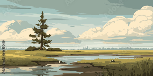 Stylized vector illustration of a tranquil marshland with a lone pine tree under a cloudy sky.