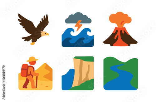 vector colorful filled icons boldness (nature): eagle in flight stormy sea erupting volcano desert trek high cliff wild river.