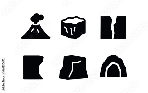 vector solid black filled icons geophysicist (wild sites): volcano rim glacier canyon cliff edge desert plateau deep cave.