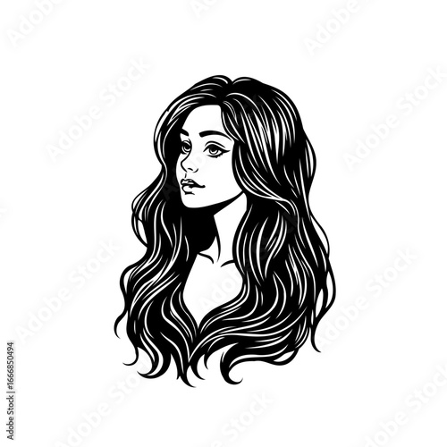 Elegant vector portrait of a woman with flowing hair in monochrome stylish depiction and beauty