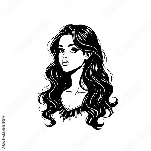 Elegant woman portrait showcases flowing dark hair and captivating eyes evoking artistic