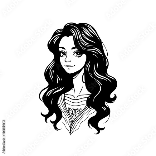 Elegant woman portrait in black and white with flowing hair art style illustration for design