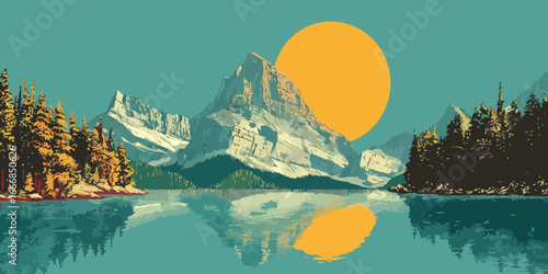 Stylized mountain landscape with a large orange sun, snow-capped peaks, and forest reflection in a calm lake.