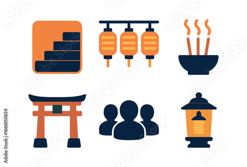vector colorful filled icons evening lantern walk (temple grounds): stone steps lantern lines incense carved gate quiet crowd golden light.