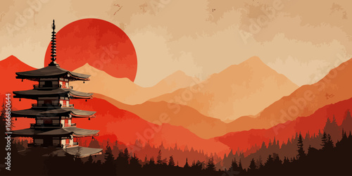 A traditional multi-tiered Japanese pagoda with dark curved roofs and an ornate, towering spire.