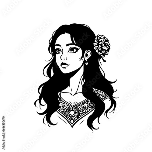 Elegant woman vector portrait adorned with floral hair accessory and intricate ornamental dress