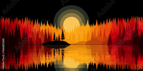 Stylized sunset over a fiery red and orange forest with a silhouetted island and lake reflection.