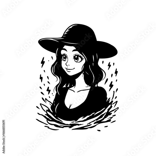 Elegant woman portrayal featuring artistic illustration in black and white hues presenting a