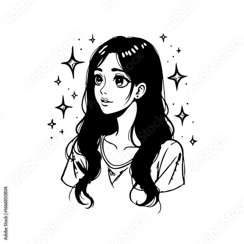 Enchanting anime style illustration of a young woman surrounded by sparkling stars adds a