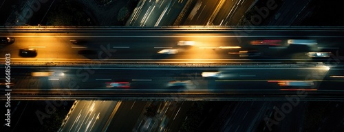 Night highway interchange, aerial view.  Blurred car lights streak across multiple elevated roadways intersecting at night