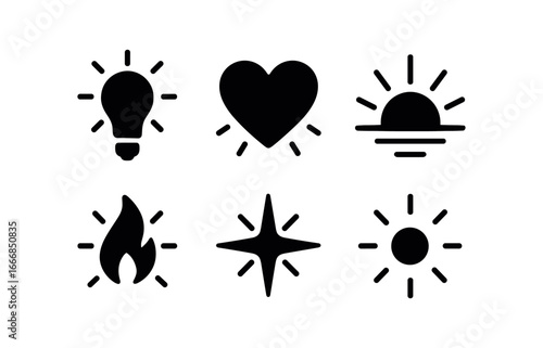 vector solid black filled icons flicker (symbolic): hope light heart glow sunrise shimmer tiny flame in darkness guiding star soul spark.