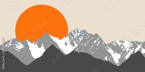 Modern graphic illustration of a serene mountain range with snow-capped peaks and a large orange sun.