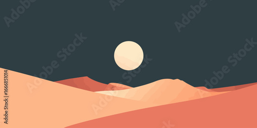 Stylized desert landscape with rolling orange sand dunes and a bright full moon in a dark night sky.