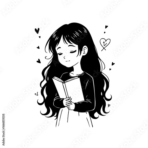 Enchanting monochrome illustration of a young lady engrossed in a book surrounded by playful heart