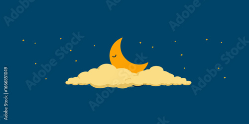 A cute, stylized cartoon of a sleeping orange crescent moon with a serene face, nestled on a fluffy yellow cloud.