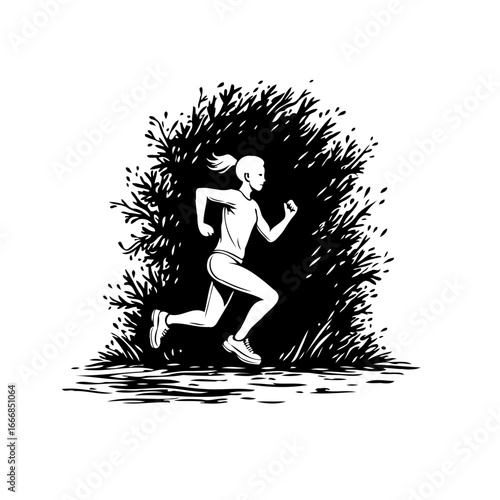 Energetic female runner sprints through an overgrown path, embodying athleticism and nature's
