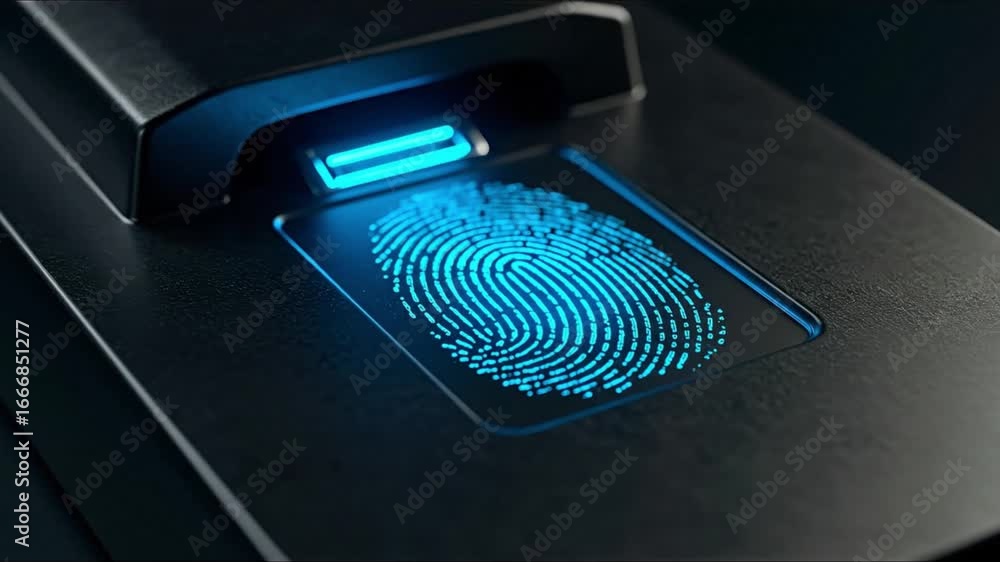A fingerprint scanner shows a glowing blue fingerprint on a dark futuristic device