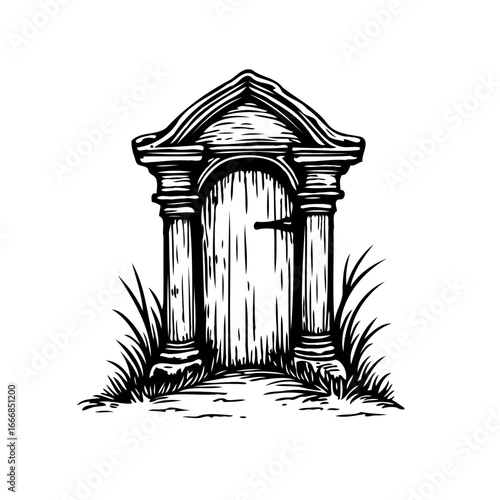 Enigmatic entryway illustration featuring stone pillars and weathered wooden door surrounded by