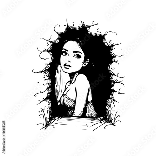 Enigmatic gaze of a woman surrounded by an abstract ornate frame with flowing dark hair in a