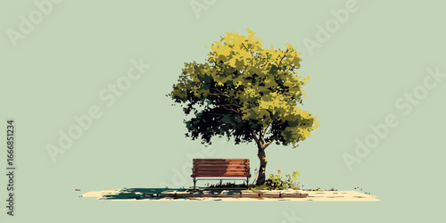 Minimalist illustration of a solitary wooden bench resting peacefully under a leafy, sunlit tree.