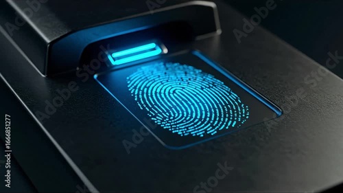 A fingerprint scanner shows a glowing blue fingerprint on a dark futuristic device