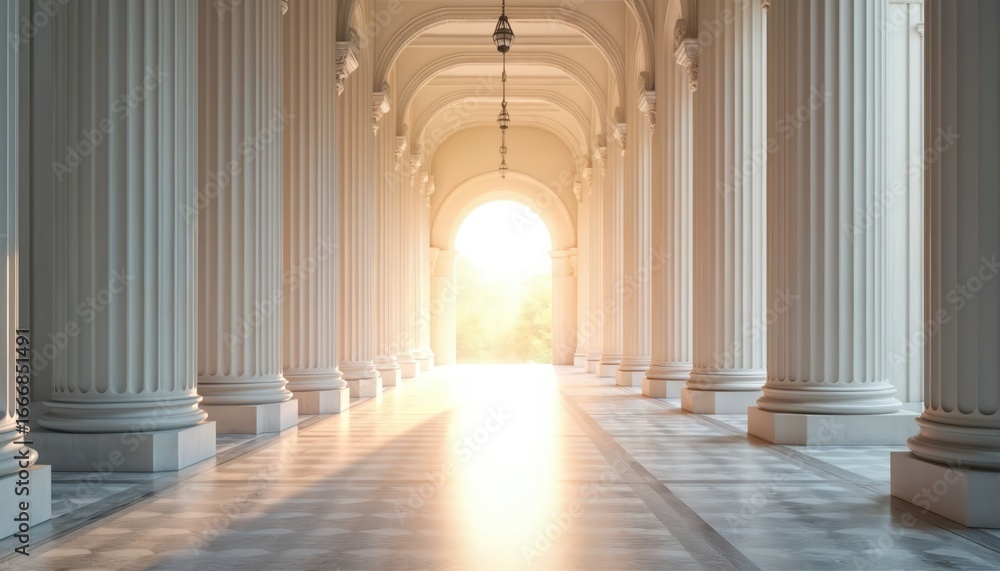 Fototapeta premium Grand colonnade with classical columns under natural light. Sunlight streams through arches illuminating marble floor with checkered pattern. Empty, serene space promotes intellectual learning,