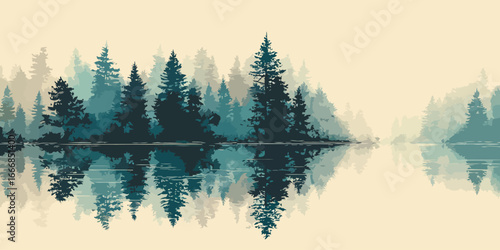 Misty teal pine forest landscape with a serene reflection in calm water.