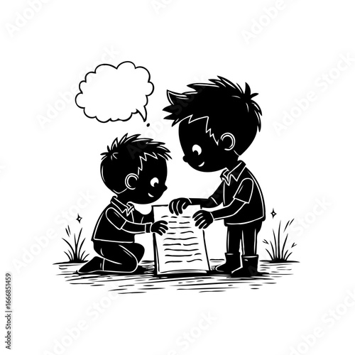 Envisioning collaborative discovery two young children engrossed together exploring pages of