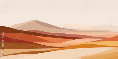 Minimalist desert landscape illustration with layered sand dunes and mountains in warm, earthy tones.