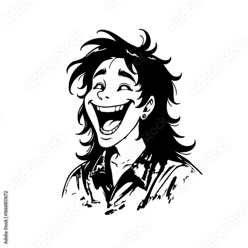 Expressive caricature drawing: jovial person laughing hysterically in black and white simple yet